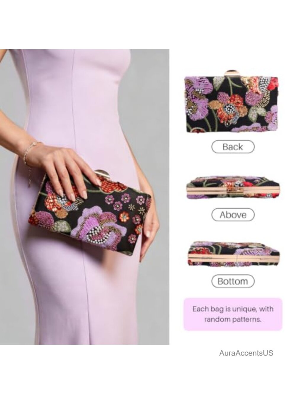 Embroidered Sequin Clutch Purse for Women Elegant Floral Beaded Evening Bag - Picture 3 of 6